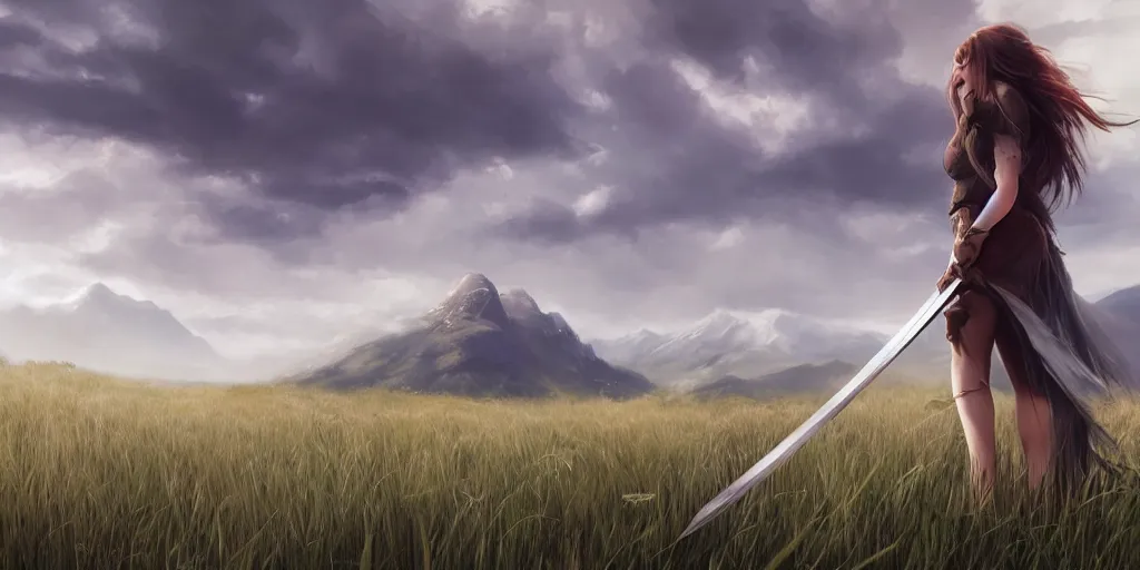 Prompt: back shot of one single beautiful girl in grass field, holding a oversized sword. digital art by wlop. artstation contest winner, cinematic paint. lower shot. dramatic cloud and mountain in background.