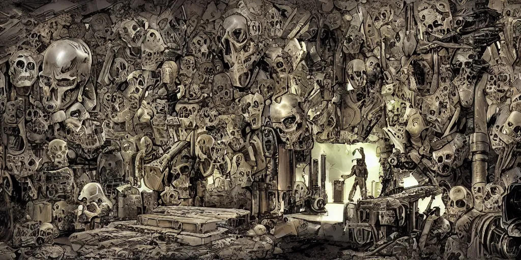 Image similar to comic alchemy, cybernetics, sci - fi, book page, post apocalyptic, wall of skulls, vision of ezekiel, enhanced quality, unreal engine