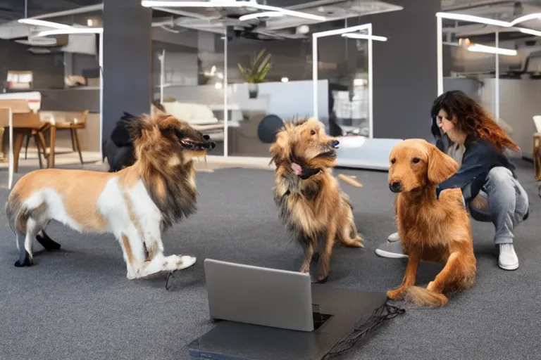 Image similar to pets are working in co - working spaces or modern offices, no people