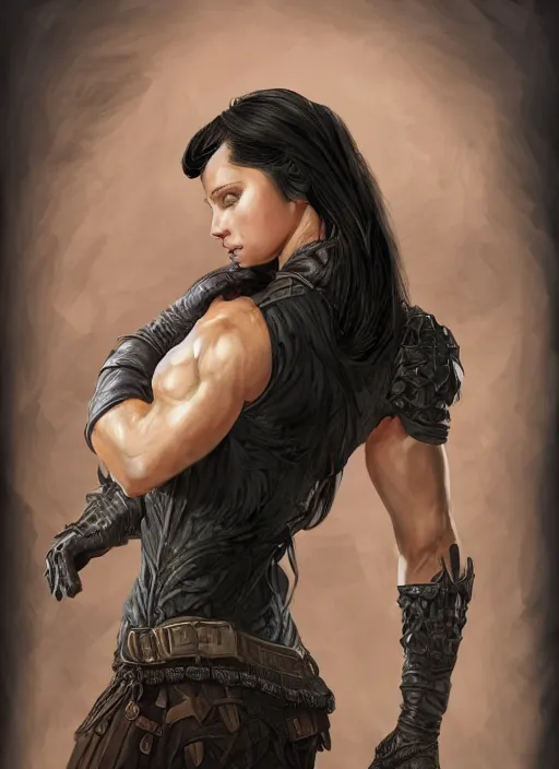 Prompt: a black haired woman in a tank top, muscular upper body, abs, d & d, fantasy, intricate, elegant, highly detailed, digital painting, artstation, concept art, smooth, sharp focus, illustration, art by howard chaykin