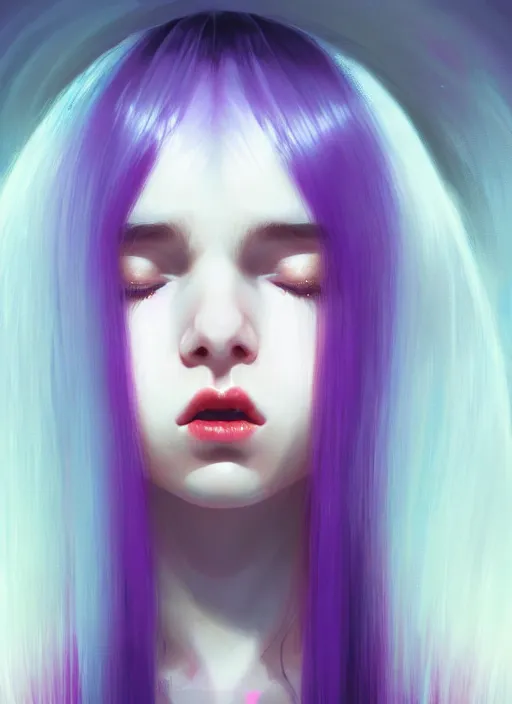 Image similar to hair whitebangs hair, black hair, whitebangs, portrait of teenage girl with white bangs, red irises, purple clothes, white bangs, bangs are different color from hair, intricate, elegant, glowing lights, highly detailed, digital painting, artstation, concept art, smooth, sharp focus, illustration, art by wlop, mars ravelo and greg rutkowski