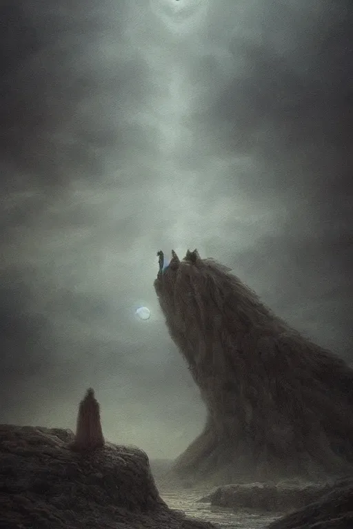 Prompt: a tall terrifying humanoid beast looming over a tiny human in a surreal landscape at dusk, dark fantasy, artstation, cinematic, epic lighting, agostino arrivabene