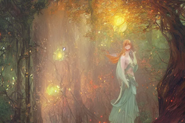 Image similar to a beautiful painting of rainy night forest of spirit, a fairy tale in fall, firefly, phosphorescent, shimmering and prismatic, rococo, by krenz cushart and mucha and monet, trending on artstation.