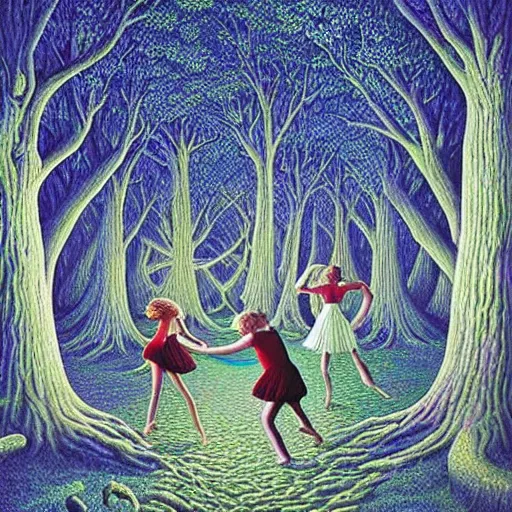 Image similar to dancers in the trippy forest by rob gonsalves