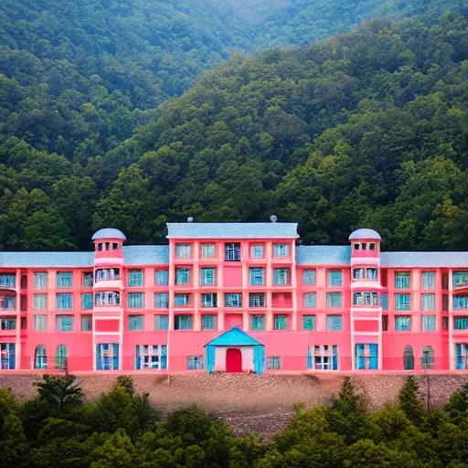 Image similar to Symmetric Wes Anderson film still in the Great Smoky Mountains without people. Establishing shot. Architecture. 8k resolution. Pastel. Sharp. Whimsical. Symmetry. Stunning.