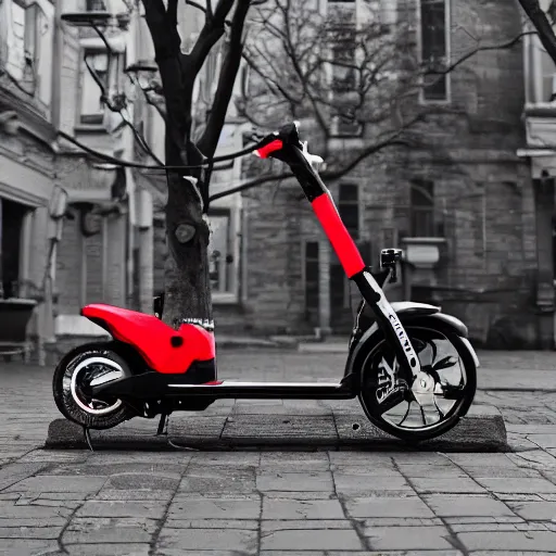 Image similar to Albert Einstein rides an electric scooter , moody, beautiful composition, hyper detailed, insane details , 8K