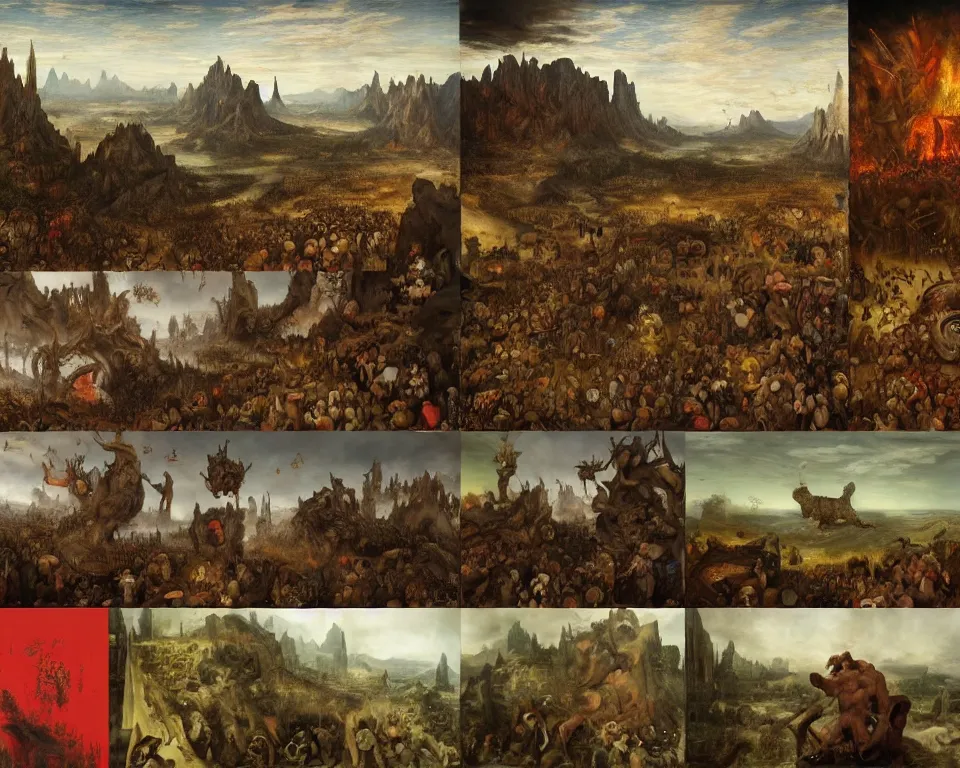 Prompt: doom eternal by jakub rozalski, zoomed garden of eternal delights hell by hieronymus bosh, zoom on triumph of death by pieter brueghel, doom eternal by hieronymus bosh