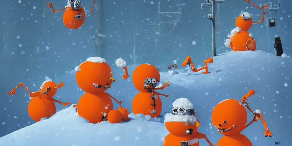 Prompt: cute orange and blue cartoon monsters building snowmen by Goro Fujita and Simon Stalenhag and Salvador Dali and Banksy and Basquiat, 8k, highly detailed, cinematic