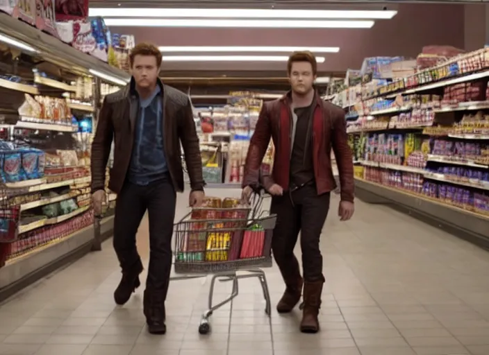 Prompt: film still of Star-Lord shopping in a supermarket in the new Guardians of the Galaxy movie, 4k