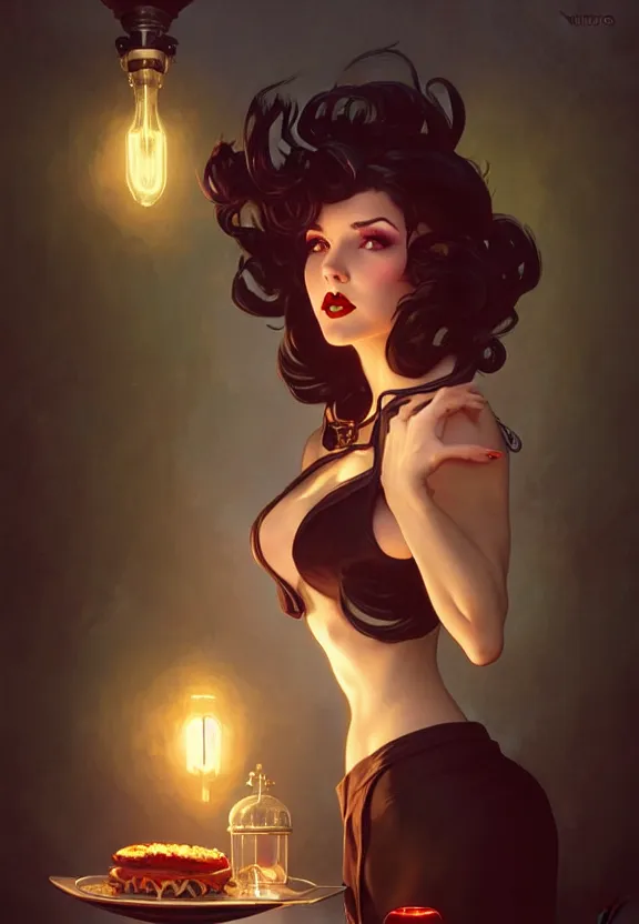 Prompt: Necromancer waitress of a small 50’s style diner, fantasy magic, dark pin-up style hair, dark light night, intricate, elegant, sharp focus, illustration, highly detailed, digital painting, concept art, matte, art by WLOP and Artgerm and Greg Rutkowski and Alphonse Mucha, masterpiece