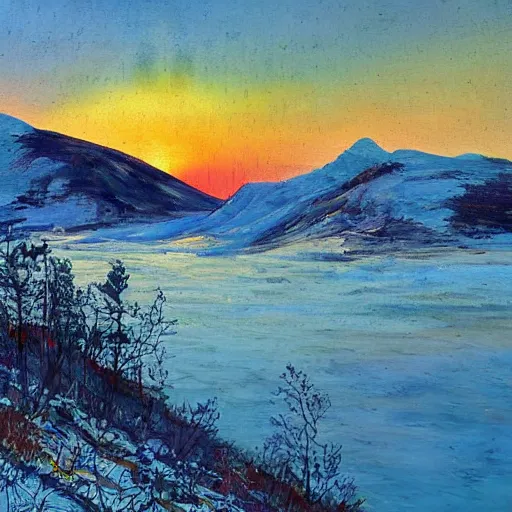 Image similar to overgrown norwegian village at the coast, sunset, arctic, beautiful, impressionist art