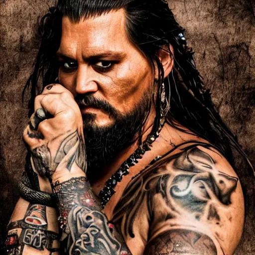 Prompt: portrait of johnny depp as khal drogo from games of thrones, mascular, broad shoulder, long beard with locks, very long straight hair, tattooed body, six packs, symmetrical, nikon 3 5 mm photography, ultrarealistic