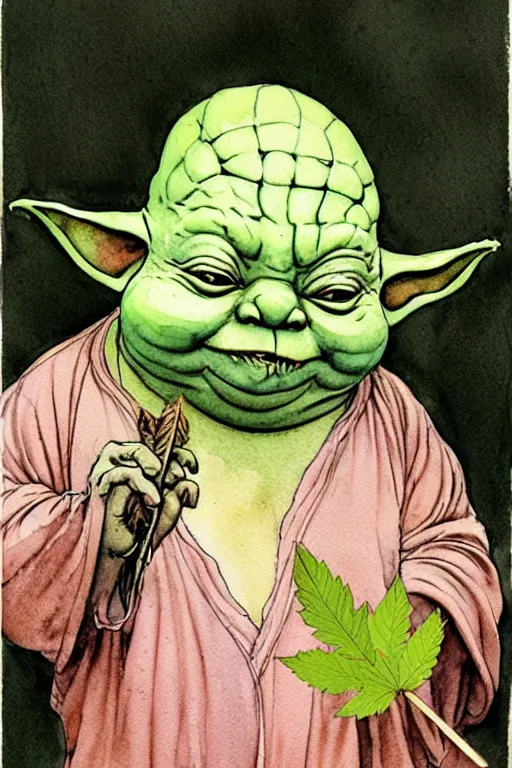 Image similar to a realistic and atmospheric watercolour fantasy character concept art portrait of a fat yoda with pink eyes smiling and holding a blunt with a pot leaf nearby, by rebecca guay, michael kaluta, charles vess and jean moebius giraud