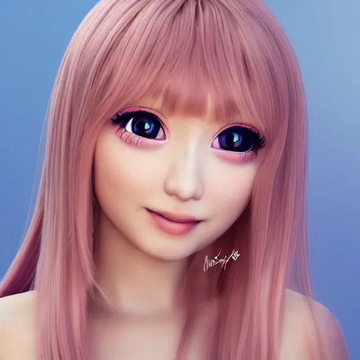 Image similar to Render of Nikki from Shining Nikki Dress-Up Game, a cute 3D young woman, long light pink hair, full bangs, full round face, hazel amber eyes, pale skin, cute freckles, light blush, Chinese heritage, smiling softly, wearing casual clothing, interior lighting, cozy living room background, medium shot, mid-shot, hyperdetailed, trending on Artstation, Unreal Engine 4k