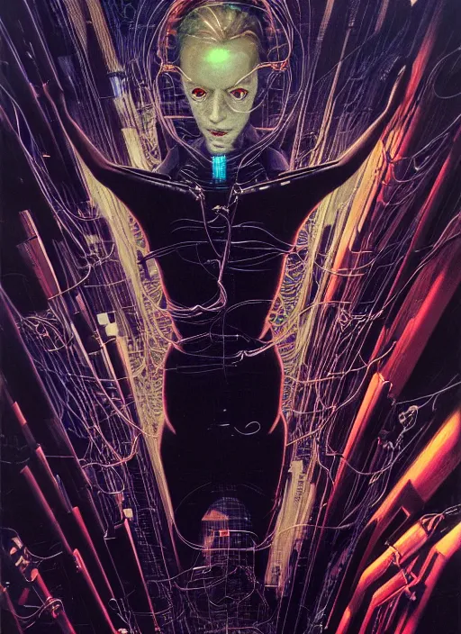 Prompt: dark cyberpunk agent, a lot of cables around, by francis bacon, by ayami kojima, by amano, by karol bak, greg hildebrandt, by mark brooks, by alex grey, by zdzisław beksinski, by takato yamamoto, radiant colors, ultra detailed, high resolution, wrapped thermal background