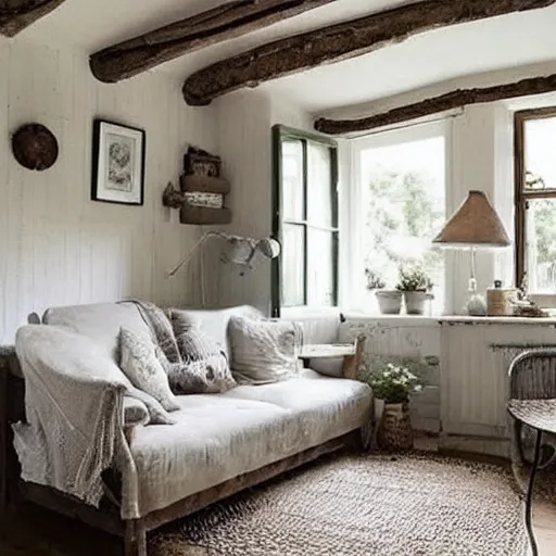 Image similar to a very clean cottage interior. cozy. artistic. simplistic