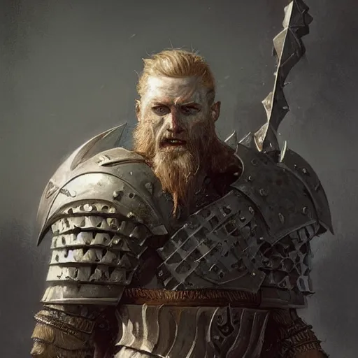 Prompt: rough-skinned, short-bearded undead Viking warrior with ice-pale skin wearing brutalist plate armor with art deco knotwork, by Greg Rutkowski and Brom