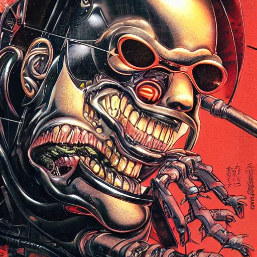 Prompt: portrait closeup of crazy black carbon terminator laughing, symmetrical, cinematic colors, by yoichi hatakenaka, masamune shirow, josan gonzales and dan mumford, ayami kojima, takato yamamoto, barclay shaw, karol bak, yukito kishiro