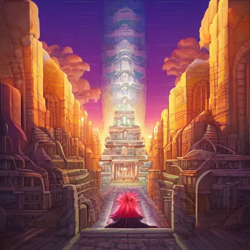 Image similar to street view of gigantic temple city at night by cyril rolando and naomi okubo and dan mumford and ricardo bofill