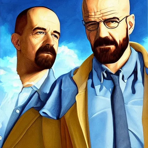 Prompt: classic painting of walt and jesse from breaking bad