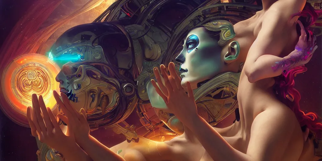 Image similar to the creation of adam, ultra detailed female android deity, scifi, octane render, ( dia de los muertos ), matte painting, asymmetrical, intricate concept art, triadic color scheme, art by artgerm and michelangelo and dzo and greg rutkowski and alphonse mucha and wlop