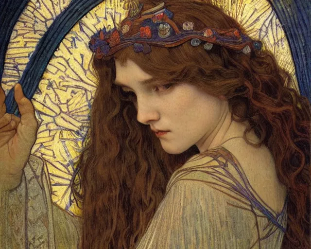 Image similar to detailed realistic beautiful young medieval queen face portrait by jean delville, alphonse mucha, vincent van gogh, and marco mazzoni, art nouveau, symbolist, visionary, gothic, pre - raphaelite
