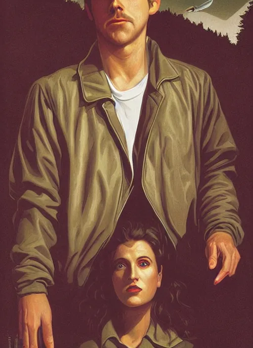 Prompt: twin peaks poster art, by michael whelan, rossetti bouguereau, artgerm, retro, nostalgic, old fashioned, 1 9 8 0 s teen horror novel cover, book, ryan gosling in letterman jacket small town crime scene being hunted by the killer