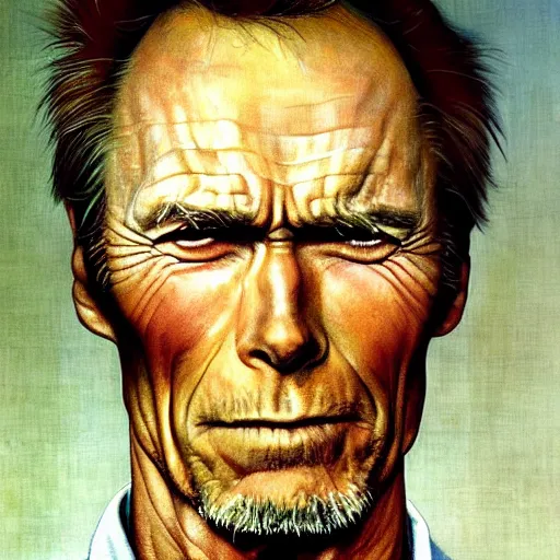 Prompt: a portrait painting of Clint Eastwood. Painted by Norman Rockwell