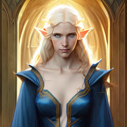 Image similar to half elf sorceress, D&D, blue eyes, blonde hair, fantasy, intricate, elegant, highly detailed, digital painting, artstation, concept art, smooth, sharp focus, illustration, art by artgerm and greg rutkowski and alphonse mucha