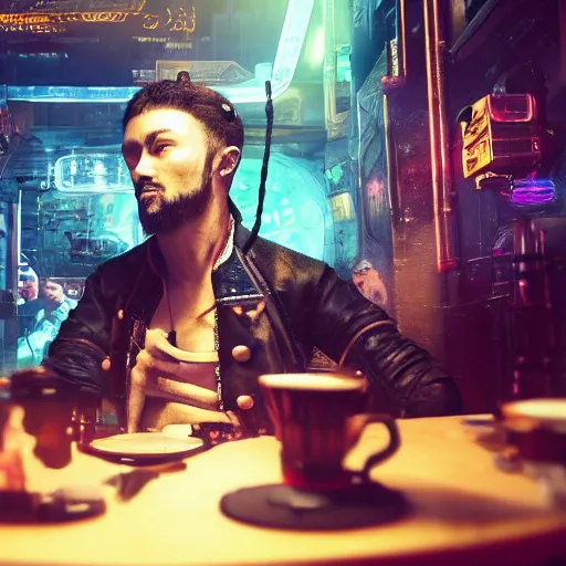 Image similar to high quality portrait of a pirate with four arms in a cyberpunk cyberpunk cyberpunk cafe, realism, 8k, award winning photo