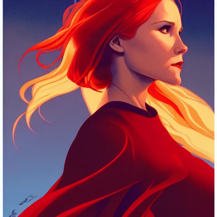 Image similar to style artgerm, joshua middleton : : beautiful kristen bell with dark red dress, very long orange hair, symmetrical face, symmetrical eyes : : fire powers fire swirling : : [ detailed, volcano setting ] : : cinematic lighting