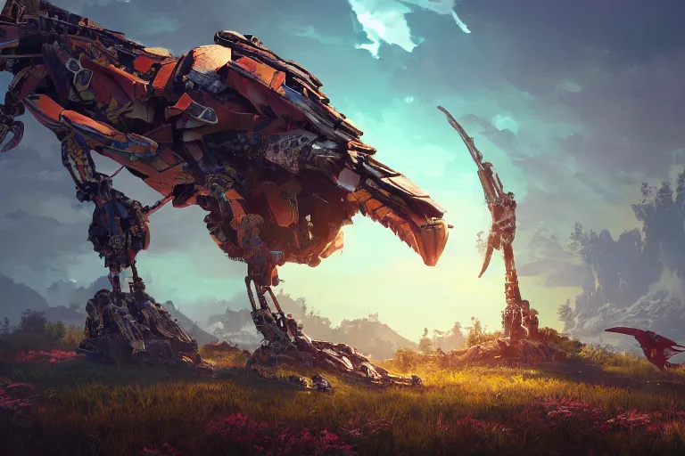 Image similar to glinthawk machine mecanical creature robot of horizon forbidden west horizon zero dawn radiating a glowing aura global illumination ray tracing hdr fanart arstation by ian pesty and alena aenami artworks in 4 k