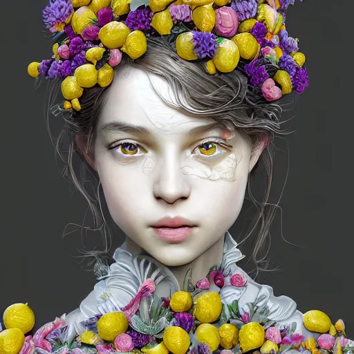 Image similar to the portrait of an absurdly beautiful, graceful, elegant, sophisticated, young girl made up of lemons, an ultrafine hyperdetailed illustration by kim jung gi, irakli nadar, intricate linework, bright colors, octopath traveler, final fantasy, unreal engine 5 highly rendered, global illumination, radiant light, detailed and intricate environment