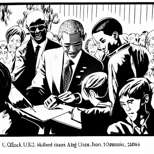 Image similar to former US President Barack Obama signing autographs, black and white crosshatching manga style.