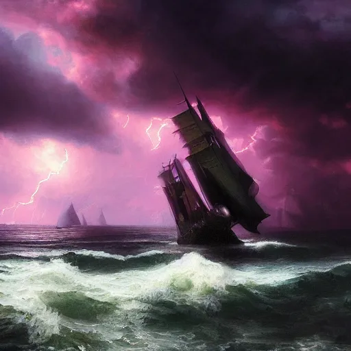 Prompt: an epic painting of a pirate ship in dark stormy waters at sea, massive electrical storm clouds in purple sky, digital art, cinematic, hd, by greg rutkowski and arnold bocklin, artstation