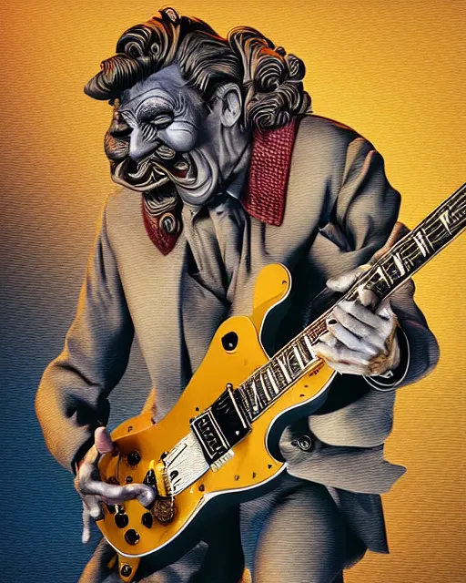 Prompt: barry chuckle ( shredding on a gibson les paul. guitar solo, bold, art by stanisław szukalski, 3 d rendering by beeple )