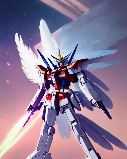 Prompt: highly detailed vfx portrait of an angelic gundam with wings of feathers beam saber fighting in space with a beam gun, unreal engine, greg rutkowski, loish, rhads, beeple, makoto shinkai and lois van baarle, ilya kuvshinov, rossdraws, tom bagshaw, alphonse mucha, global illumination, detailed and intricate environment