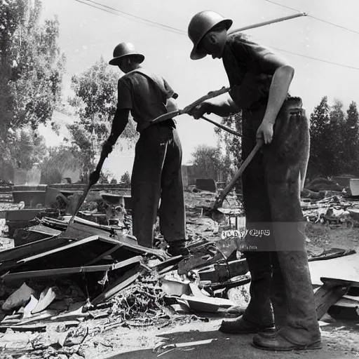 Prompt: photograph, men working in a machine shop sweeping up scrap metal, circa 1946