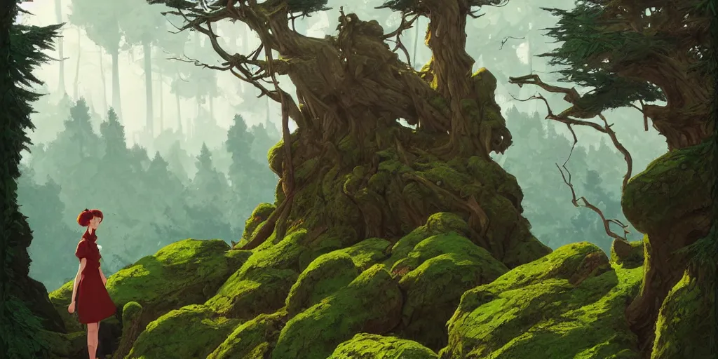 Image similar to a forest in transylvania, rocks, dead trees, castle in the background, moss, in the style of studio ghibli, j. c. leyendecker, greg rutkowski, artgerm