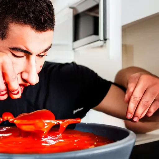 Prompt: young man vomiting ketchup into a sink 4k