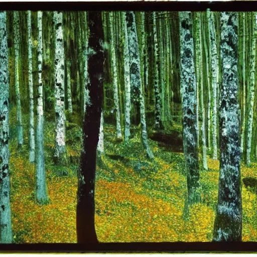 Image similar to Looking down at the forest floor, covered in fallen leaves, A green gold forest in Japan, dark, midnight, ghostly white trees, Gustav Klimt