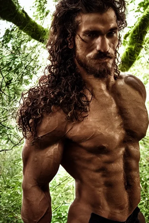 Prompt: close up, portrait of a muscular man, chiseled features, beautiful flowing brown curly hair, mythological, god of nature, defined muscles, artsy photography, film photo, 4 k, model posing, deep tan skin, trending on artstation, fashion photography, yellow eyes, overgrown background, dryad, verdant forest, face