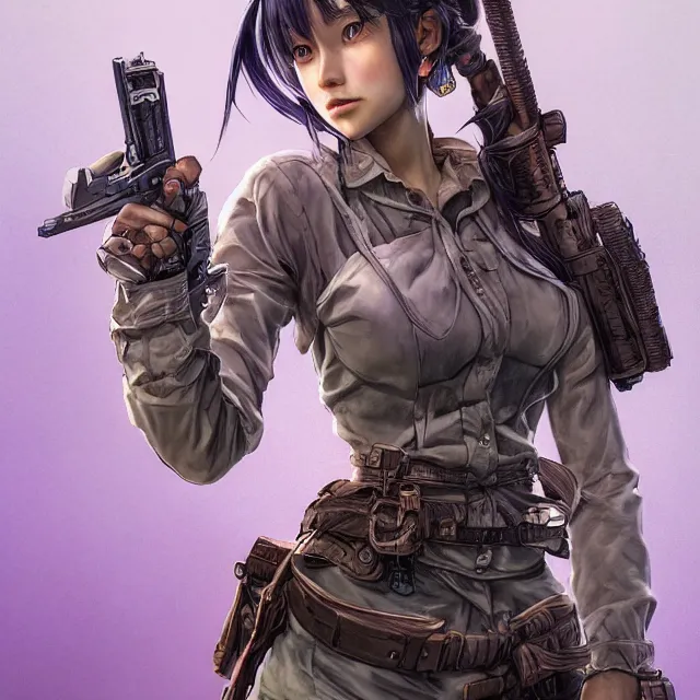 Prompt: the portrait of lawful neutral semi - colorful female infantry gunner as absurdly beautiful, gorgeous, elegant, young gravure idol, an ultrafine hyperdetailed illustration by kim jung gi, irakli nadar, intricate linework, bright colors, octopath traveler, final fantasy, unreal engine 5 highly rendered, global illumination, radiant light, detailed and intricate environment