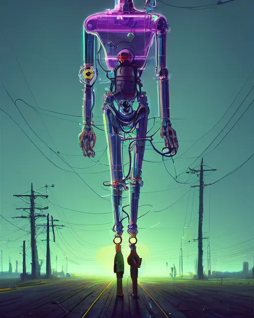 Prompt: glass cyborg, sci - fi, metallic torso, utopian, highly detailed realistic digital painting by simon stalenhag, rutkowski, kinkade, artstation. award winning, masterpiece, dramatic bright lighting, clean, modern, wires, sharp focus