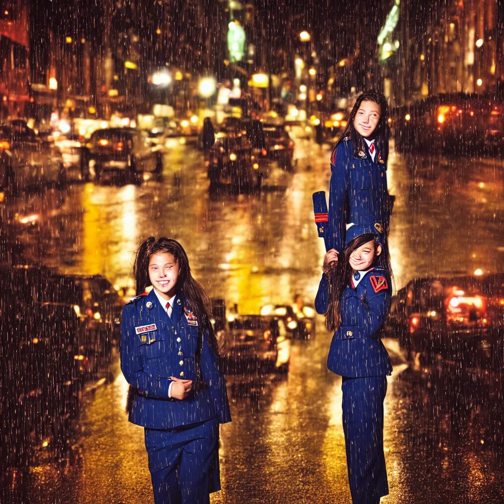 Image similar to night flash portrait photography of a high school girl in uniform on the lower east side by annie leibovitz, colorful, nighttime!, raining!