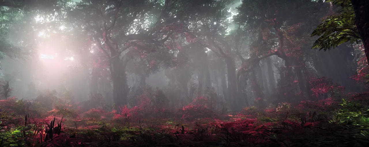 Image similar to a stunning wide shot view of a mythical rainforest, colorful trees, screenshot from bloodborne