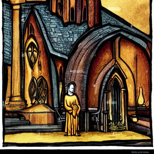 Prompt: priest on knees in front of burning church, gothic art, color, emotional, sad, dramatic, detailed