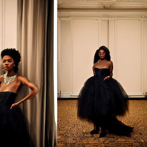 Image similar to portrait photograph of an glamorous black woman wearing a dress in a ballroom. super resolution. 85 mm f1.8 lens.bokeh.graflex. Alessio albi