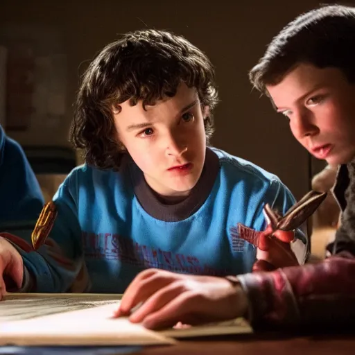 Image similar to professional photograph of will from stranger things playing dungeons and dragons, HD, 8K