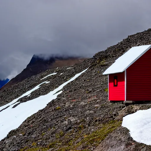 Prompt: a tiny red house perched on the summit of a glaciated mountain